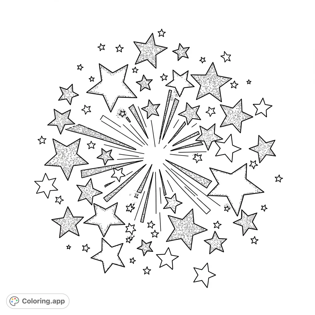 A vibrant starburst coloring page featuring a central explosion of lines surrounded by numerous stars of various sizes and textures, perfect for creative expression.