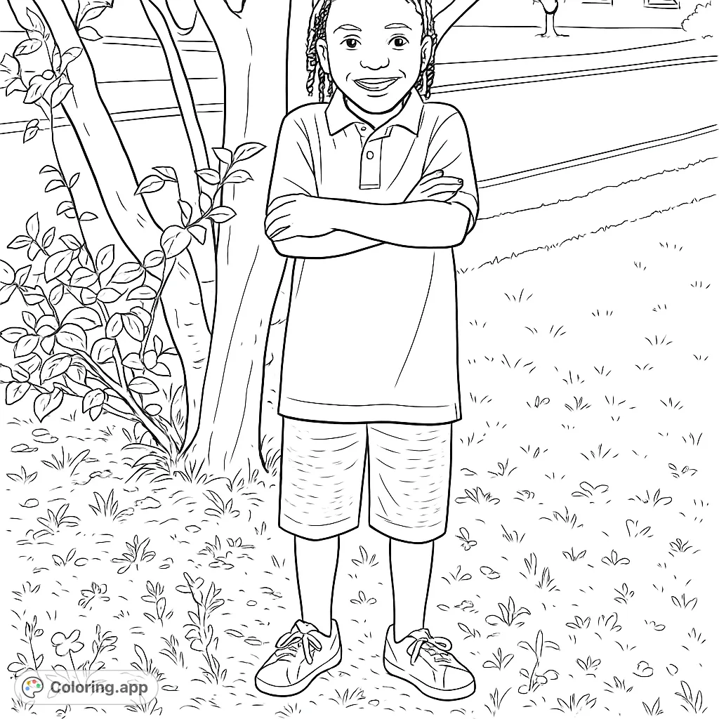 A happy child with braided hair stands confidently outdoors, ready for a colorful adventure. Perfect for a free printable child coloring page.