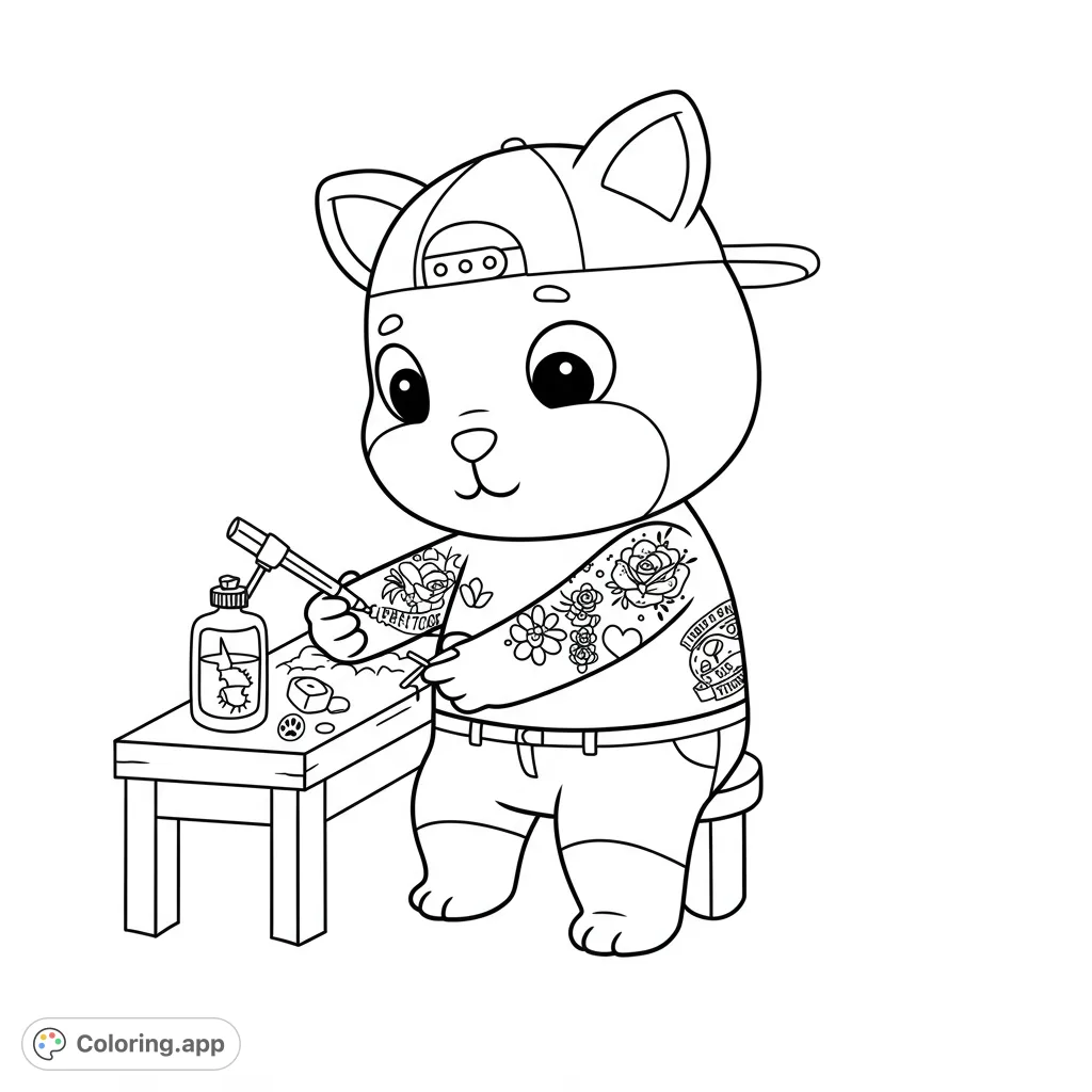 A cool cat character with intricate tattoos, holding a tattoo machine at a table. A fun, free printable coloring page for kids and adults.