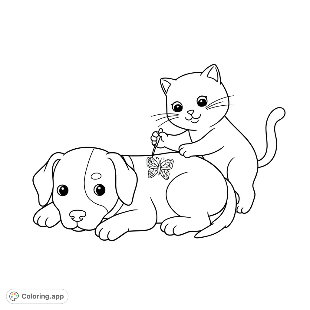 Adorable puppy and kitten playing with a butterfly toy. A charming free printable coloring page for kids and pet lovers.