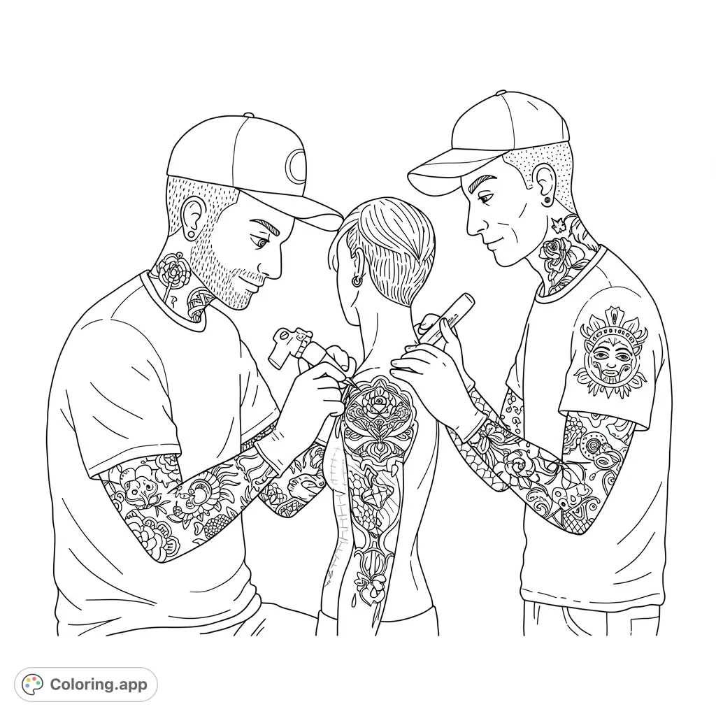 Intricate tattoo session coloring page featuring two artists meticulously working on a client's detailed back and arm tattoos. Free printable coloring page.