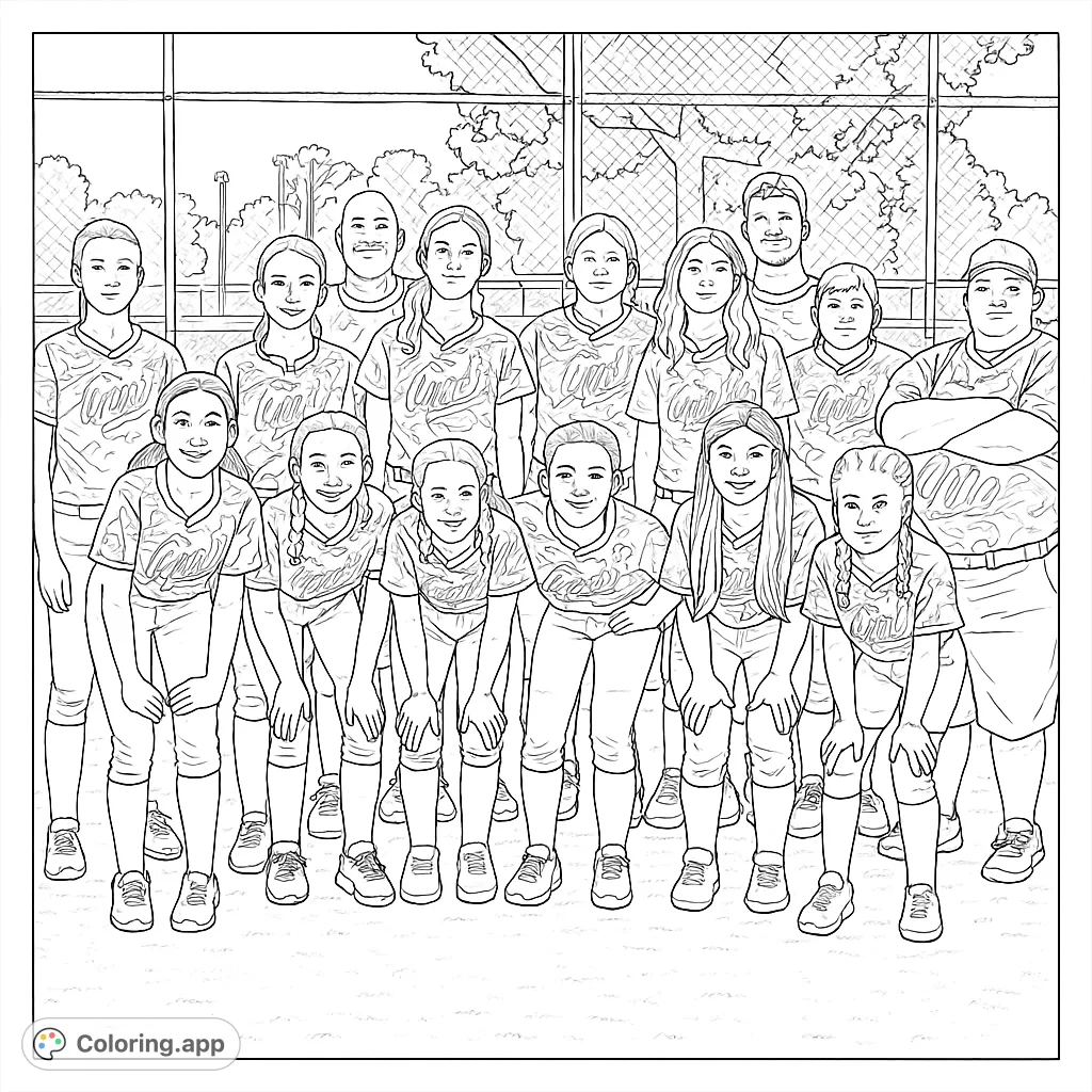A spirited youth softball team poses for a group photo on the field, ready for coloring fun. Perfect for sports fans and aspiring athletes!