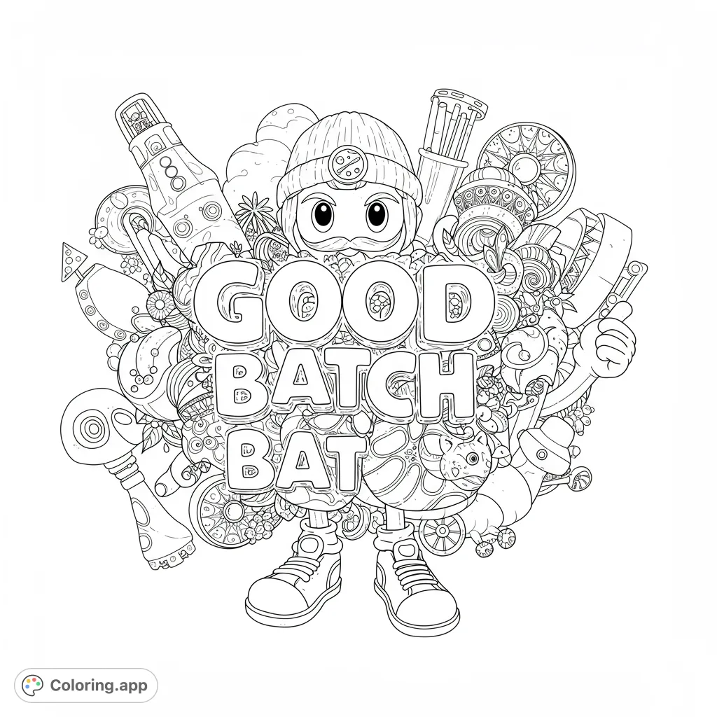 A quirky character with a blocky body and beanie hat, surrounded by an intricate doodle world. A fun, detailed free printable coloring page for all ages.