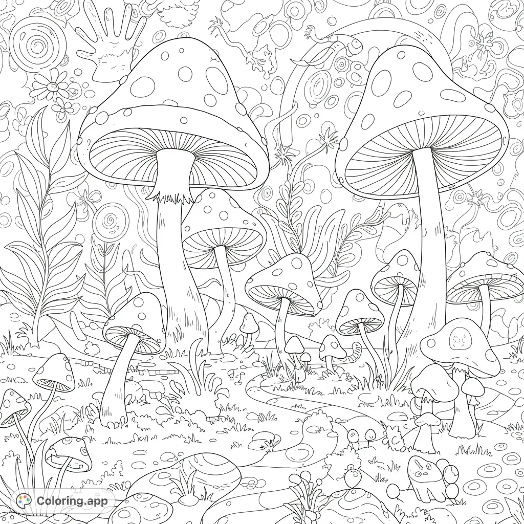Explore a whimsical mushroom forest with large spotted fungi, intricate foliage, and winding paths. A magical free printable coloring page.