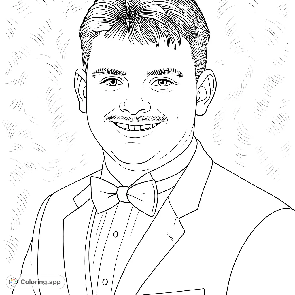 A dapper gentleman in a tuxedo, smiling with a mustache, perfect for a sophisticated portrait coloring experience. Free printable coloring page for all ages.