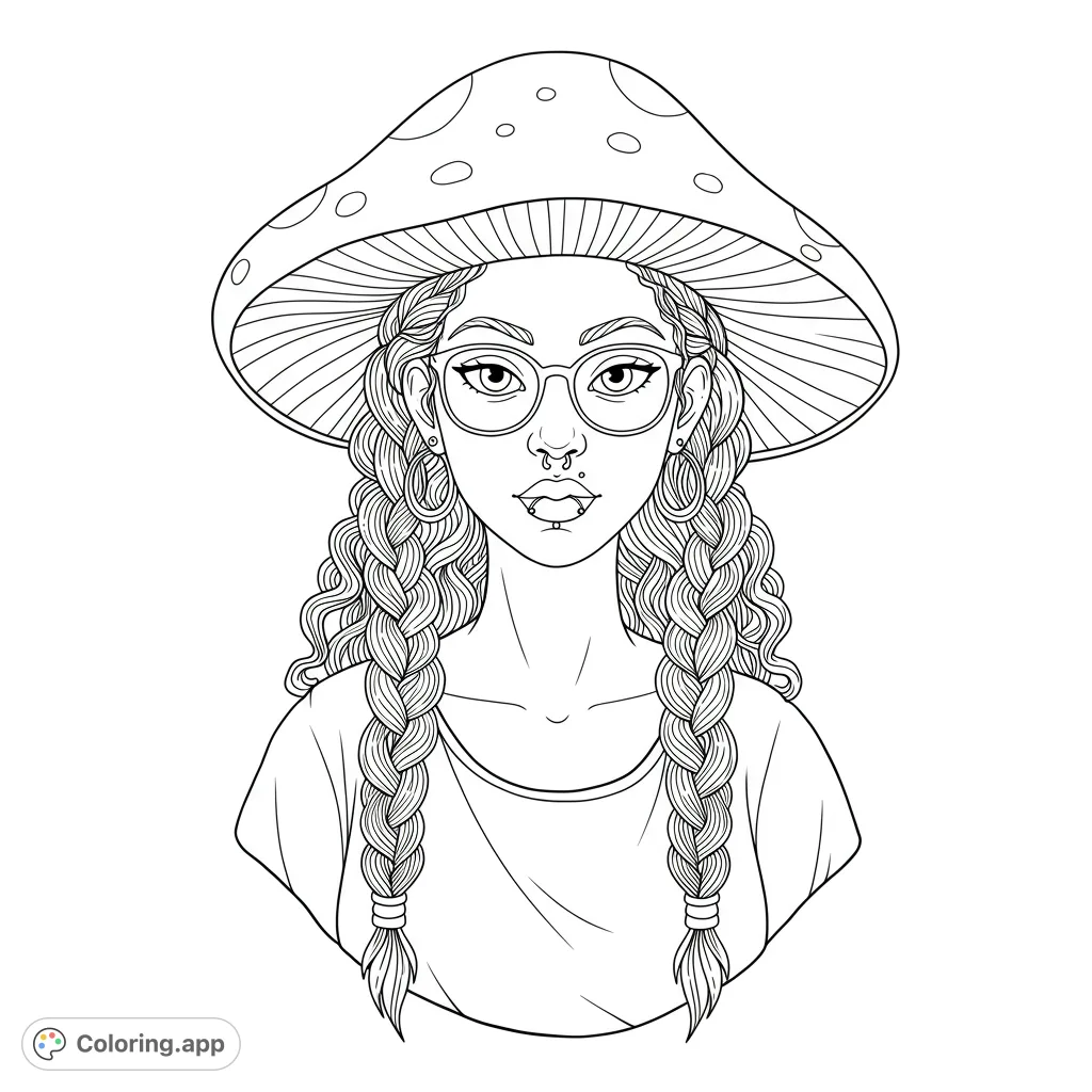 A charming mushroom girl coloring page featuring a young woman with braided hair, glasses, and piercings, wearing a whimsical mushroom hat.