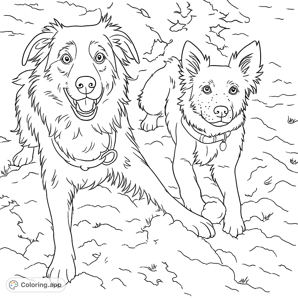A heartwarming free printable dog coloring page featuring two happy canine friends, perfect for kids and adults who love pets and animal coloring pages.