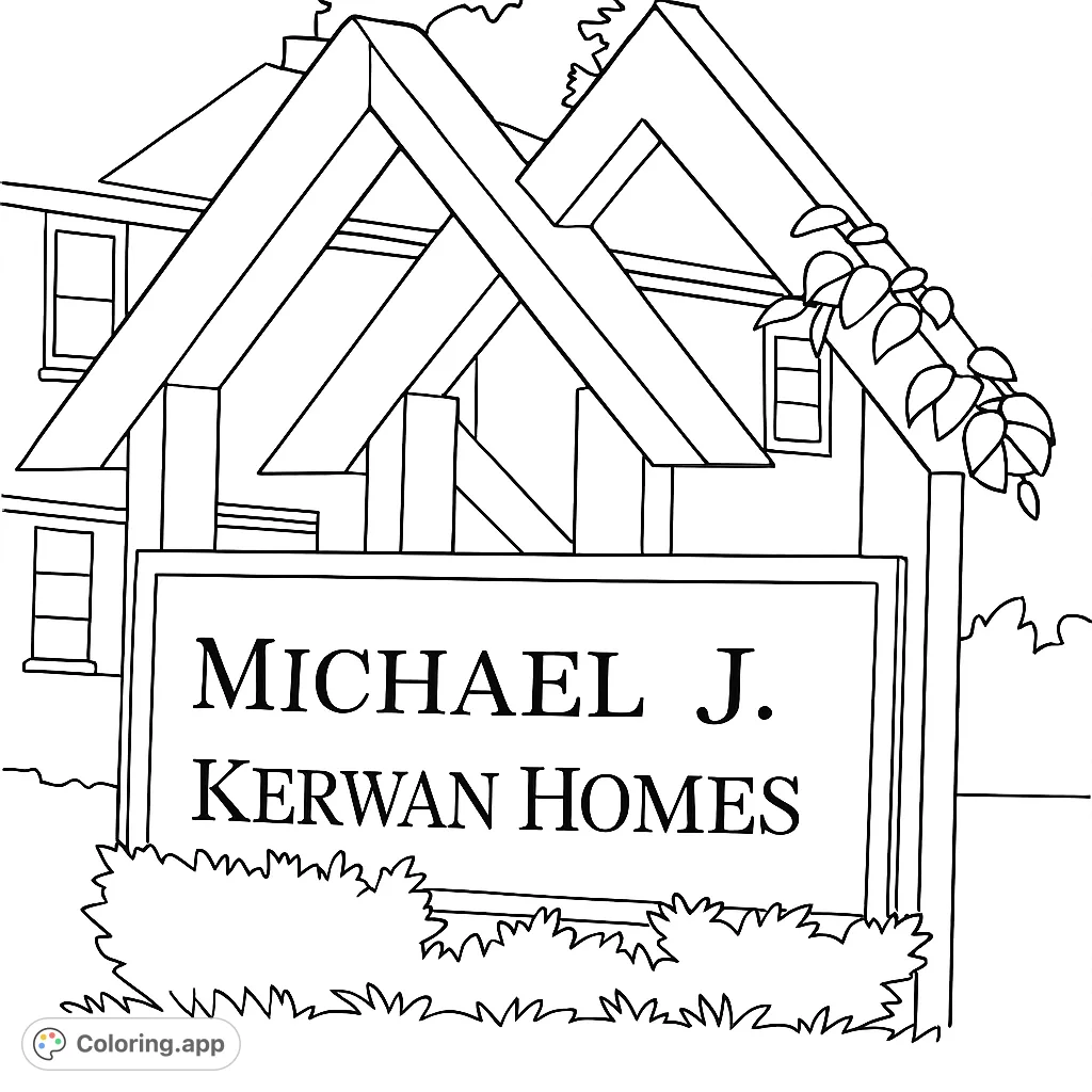 A charming house with a prominent blank sign and lush bushes, perfect for a relaxing home coloring page. Free printable for all ages.