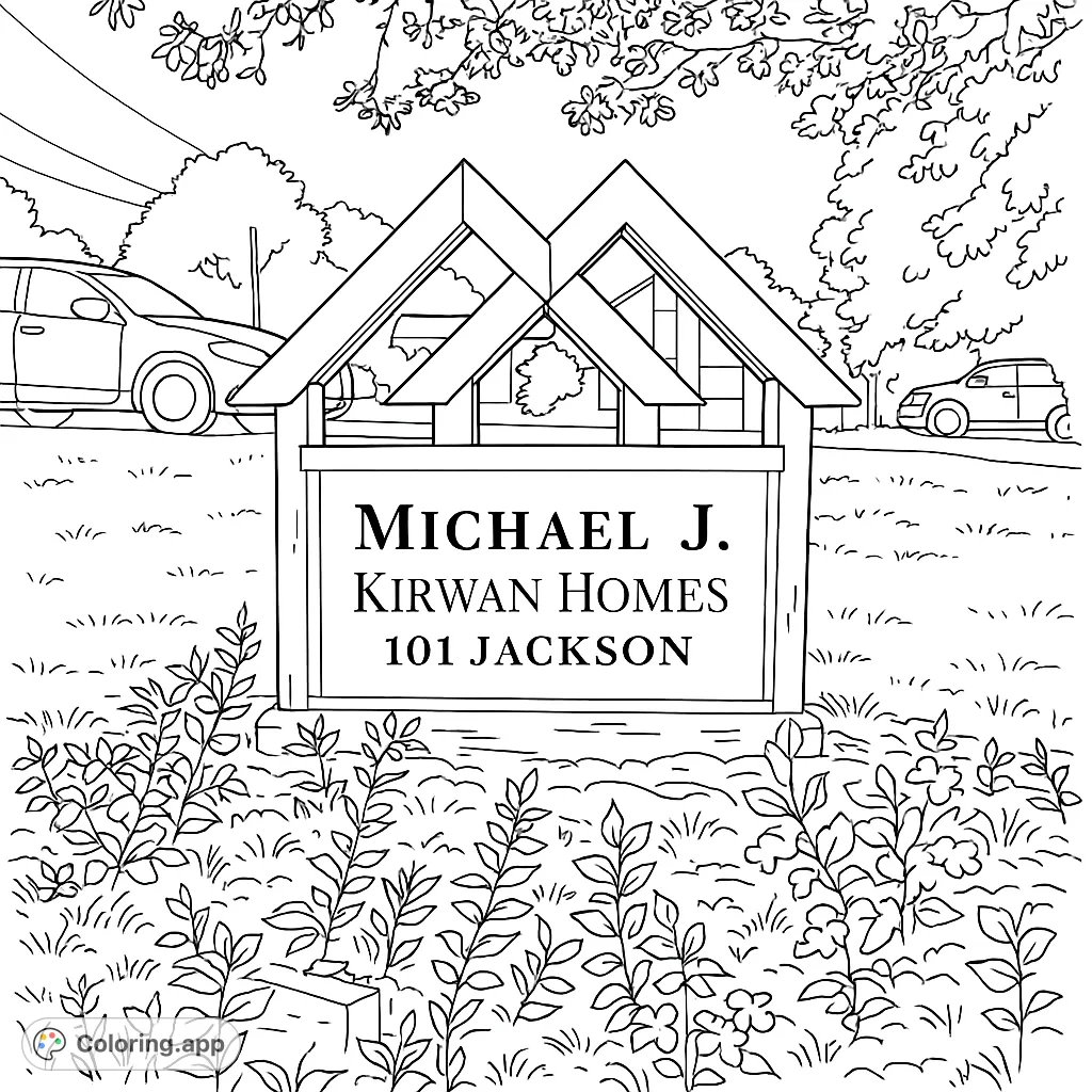 A charming house sign stands in a lush garden, surrounded by plants, trees, and cars. A detailed black and white line drawing for creative coloring.