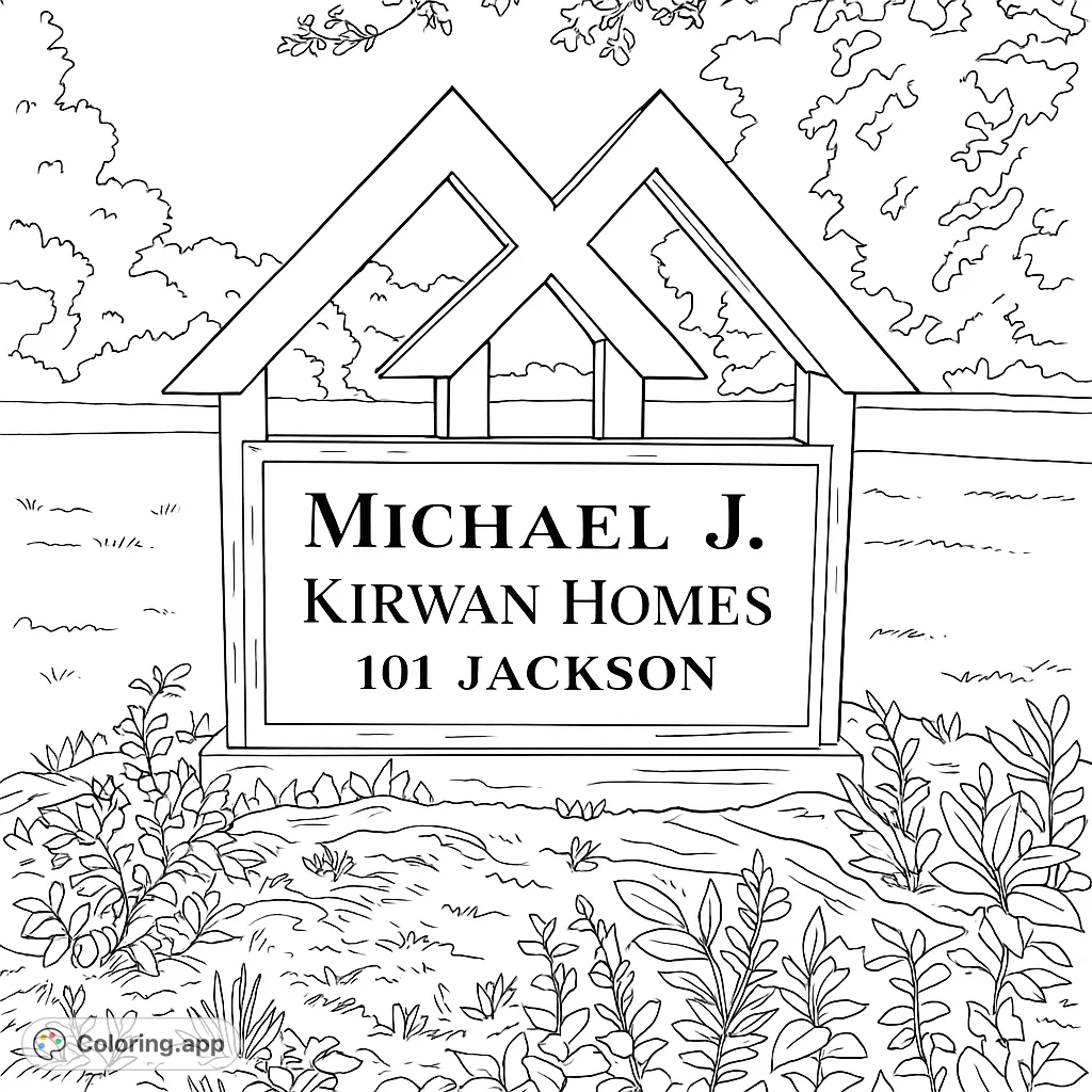 A charming home sign coloring page featuring a blank sign with a unique roof design, surrounded by lush garden foliage. Perfect for all ages!