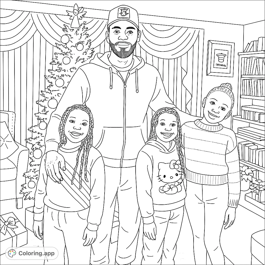 Capture the warmth of a family holiday with this free printable Christmas family portrait coloring page. Features a dad and three girls by a festive tree.