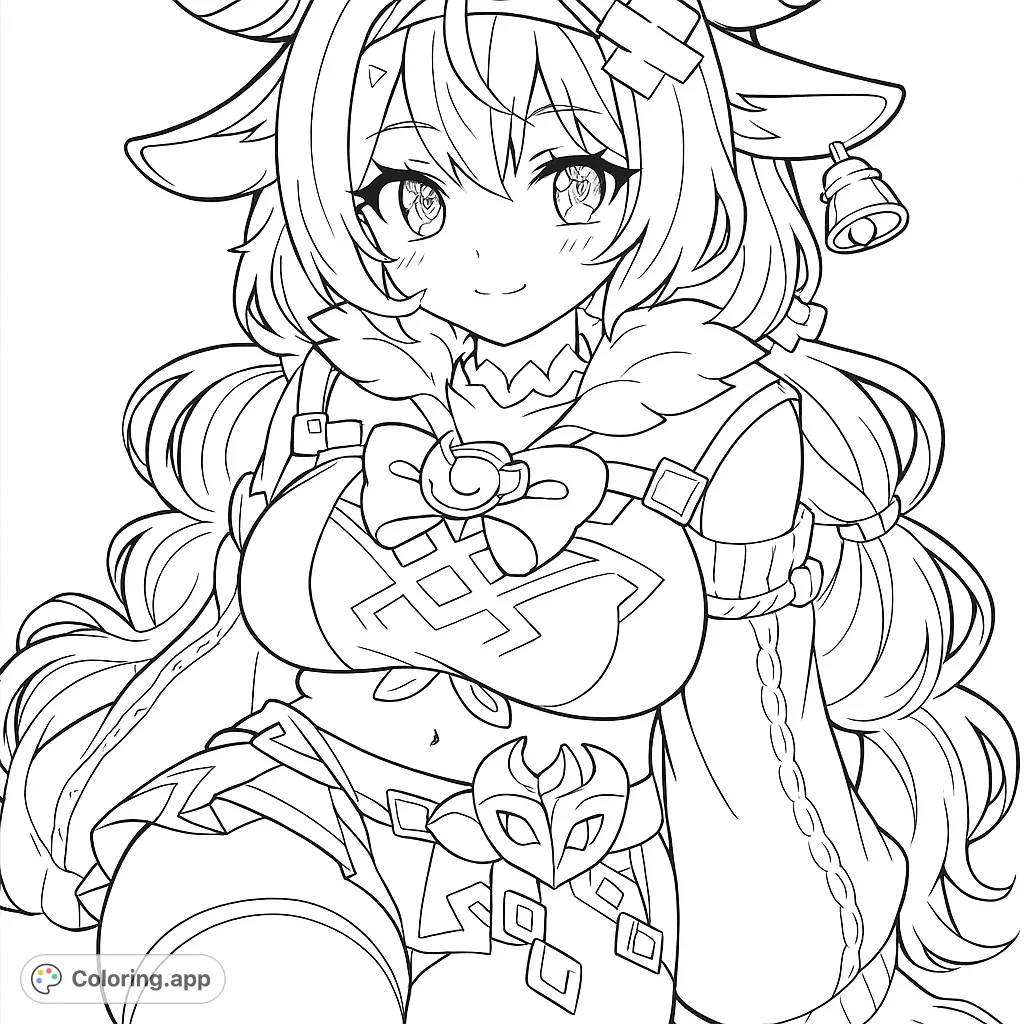 An adorable anime character coloring page featuring a girl with long wavy hair, animal ears, and a detailed outfit. Free printable for all ages!