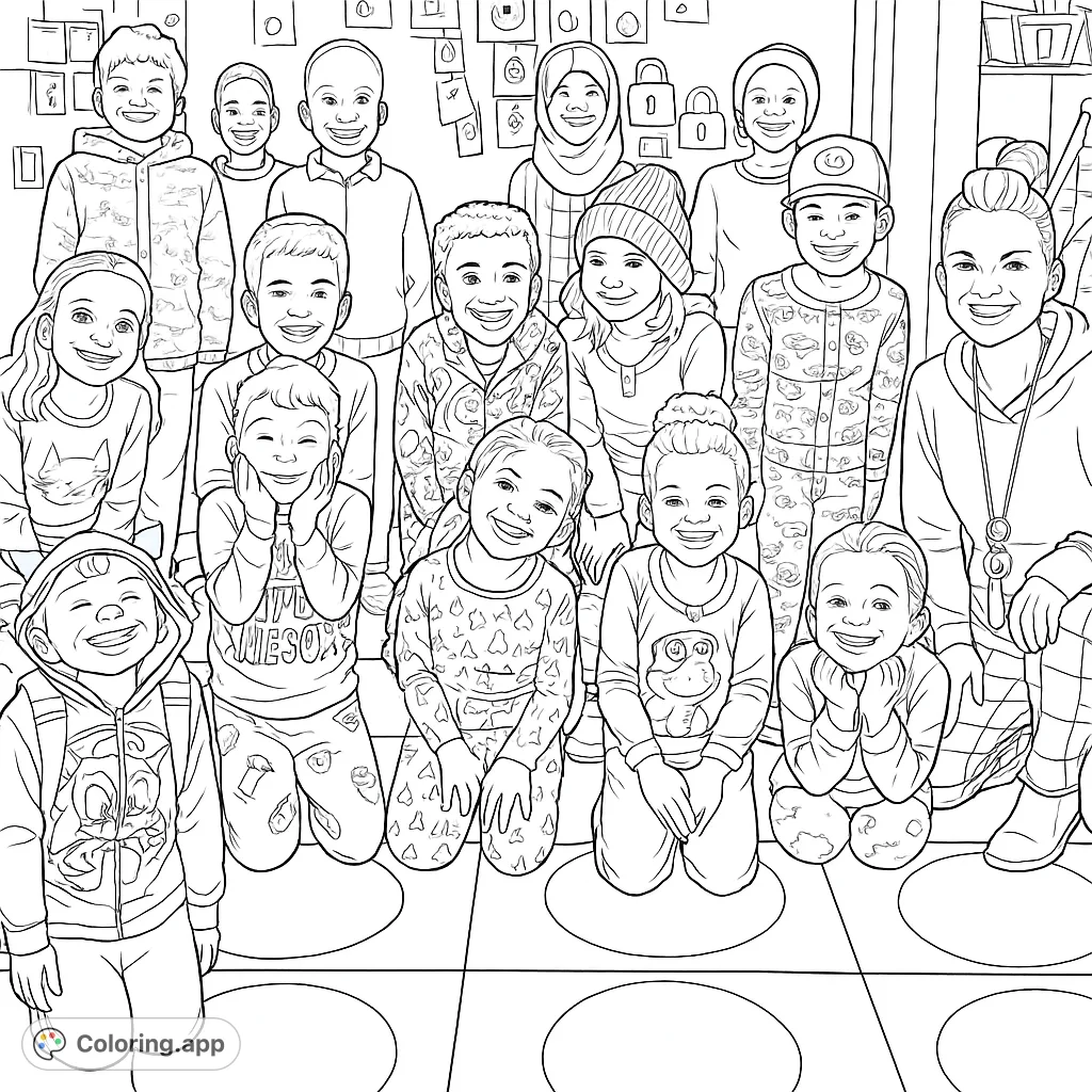A joyful diverse group of kids and adults in pajamas, ready for a fun coloring adventure. Perfect for celebrating friendship and diversity!