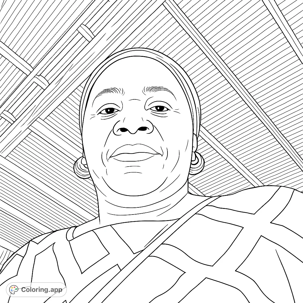 A striking portrait of an empowered woman with a patterned garment and textured background, perfect for a unique coloring experience.