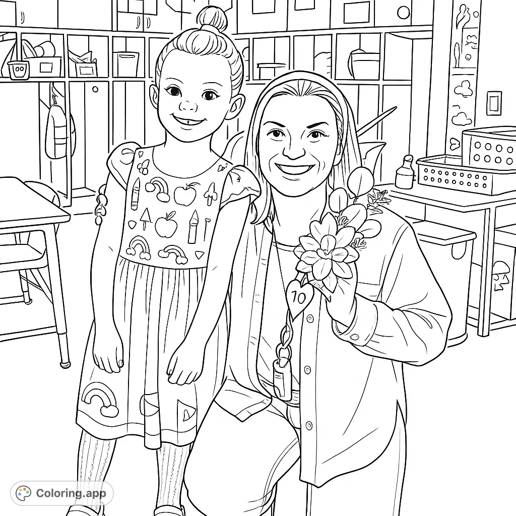 A heartwarming classroom coloring page featuring a smiling teacher and student, perfect for celebrating education and appreciation. Free printable for all ages!