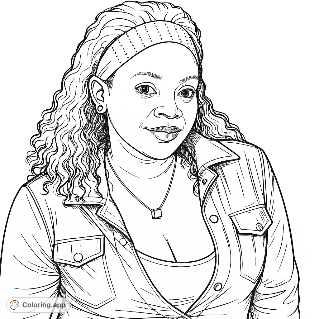 A beautiful portrait of a woman with curly hair and a stylish headband, perfect for a relaxing and creative coloring experience. Free printable coloring page.