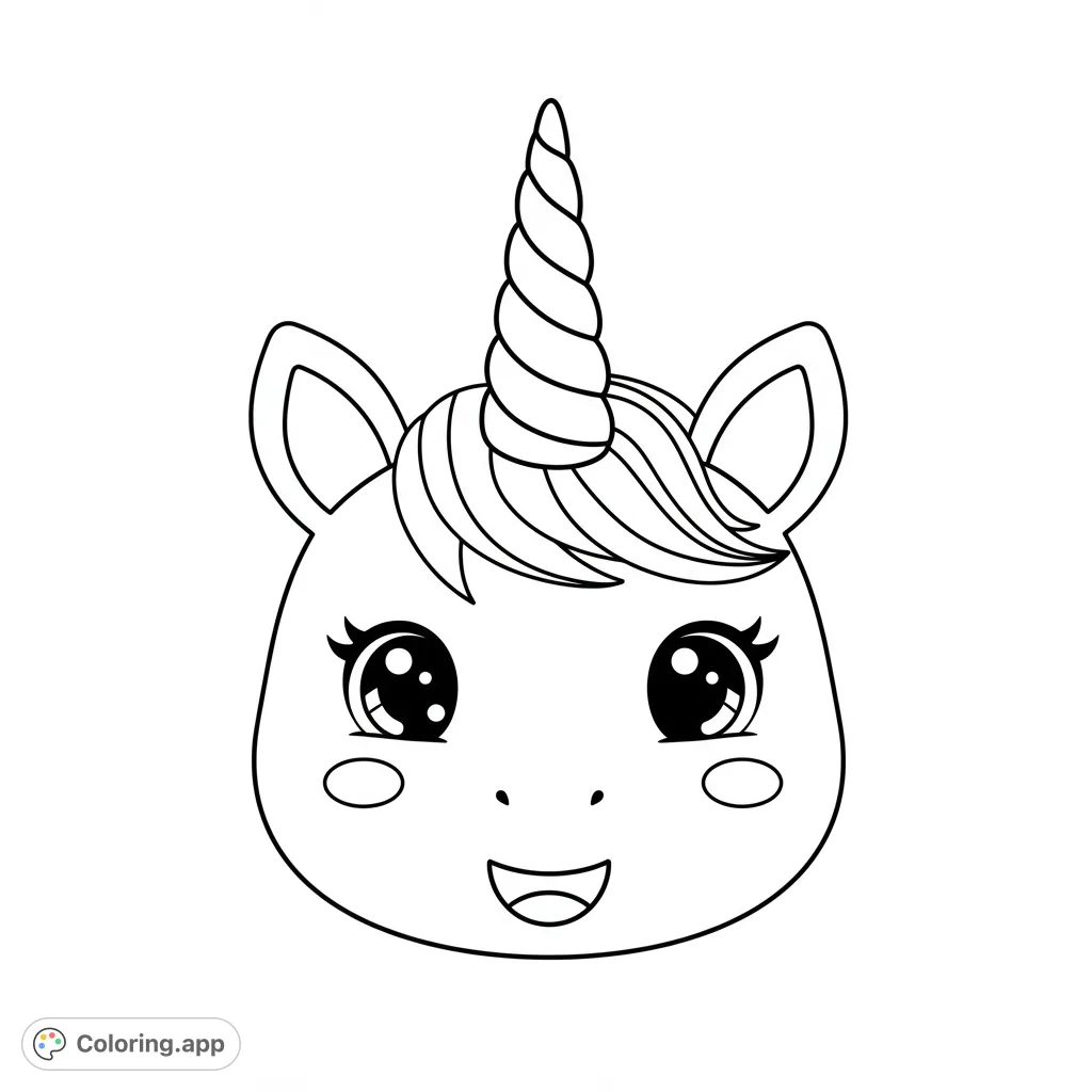 A delightful unicorn head coloring page featuring a cute, smiling face with large, sparkling eyes, a spiral horn, and flowing mane. Perfect for magical fun!