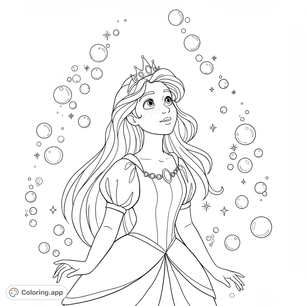 A beautiful princess with a crown and long flowing hair gazes upwards, surrounded by whimsical floating bubbles and sparkling elements.