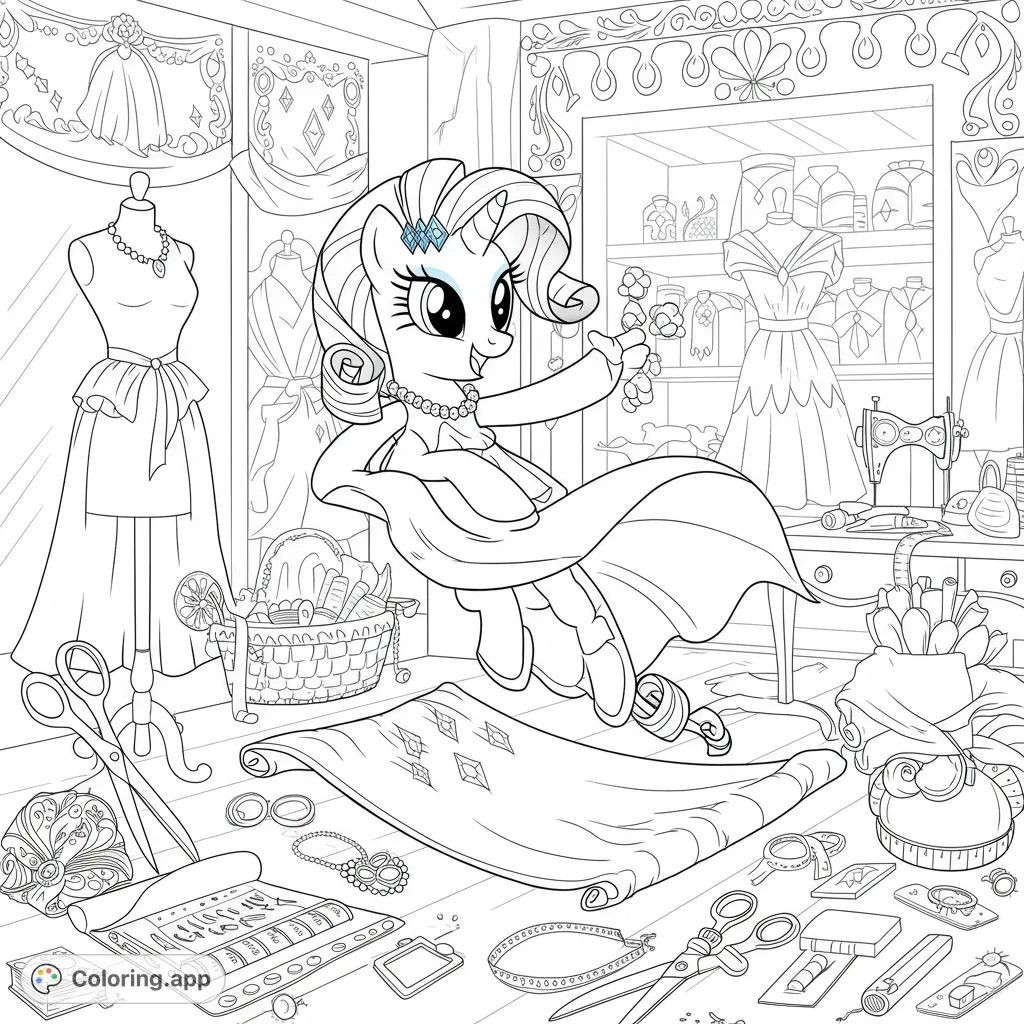 An elegant unicorn pony in a flowing gown surrounded by a detailed fashion design studio, complete with mannequins, sewing tools, and fabric. A magical fashion adventure!