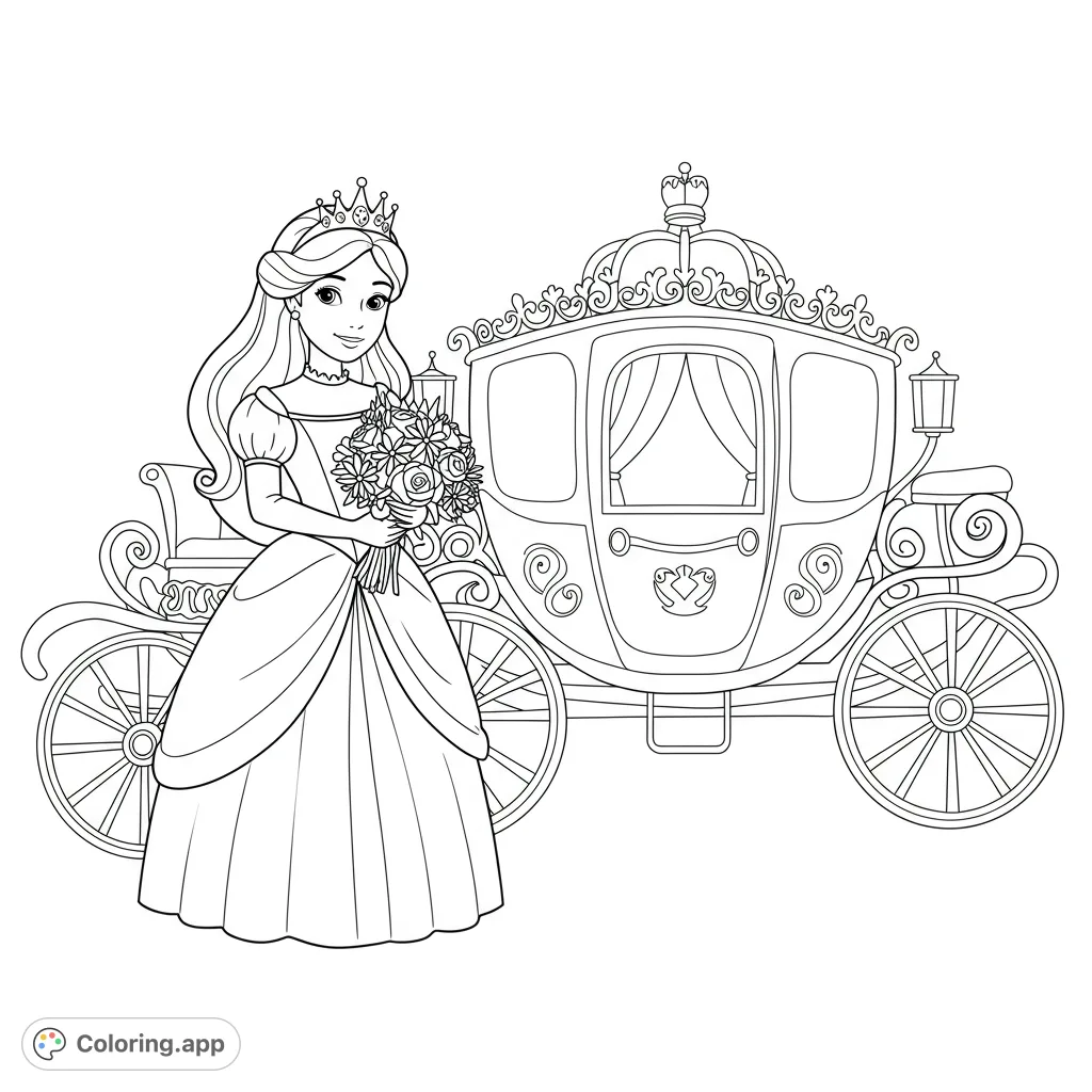 A beautiful princess in a crown and elegant gown holds a bouquet beside a grand, ornate royal carriage. A magical princess coloring page.