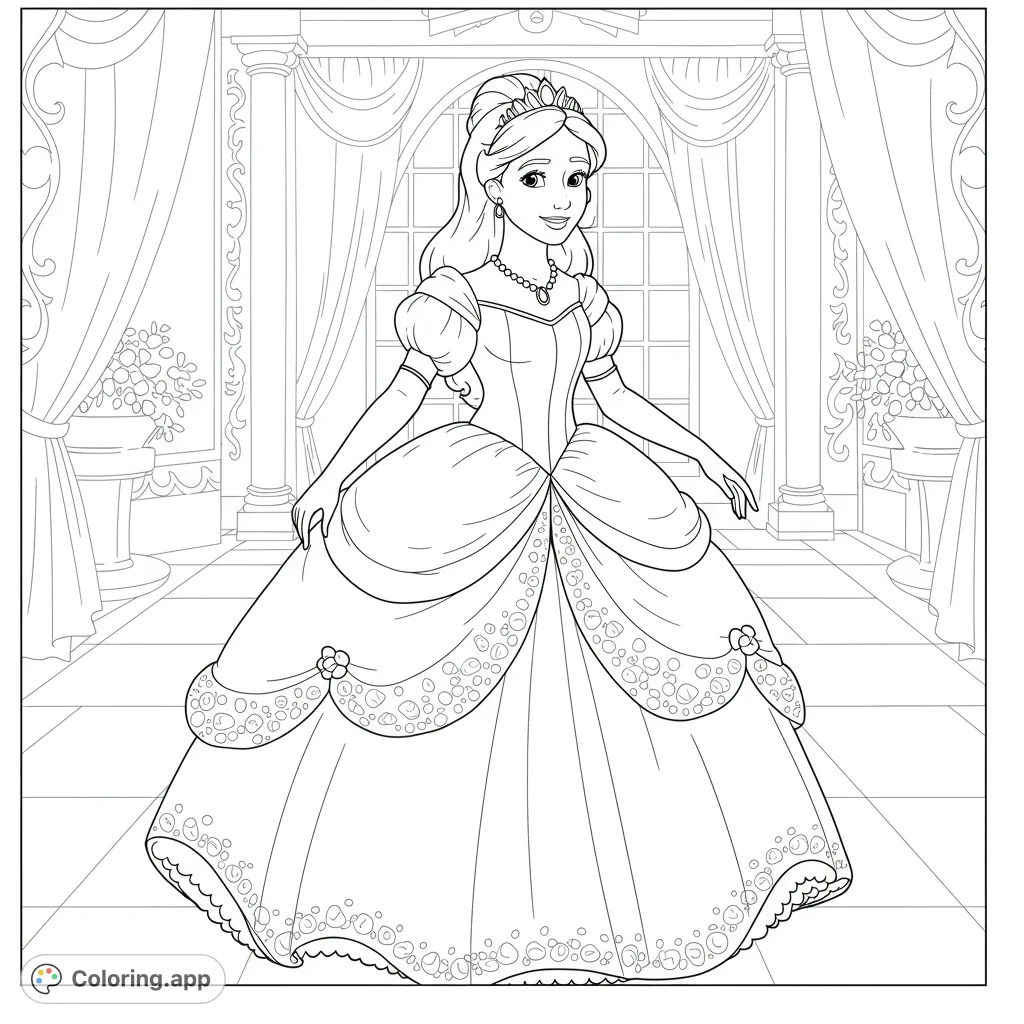 An elegant princess in a beautiful ball gown stands gracefully in a grand ballroom, ready for a royal celebration. Perfect for enchanting coloring fun!