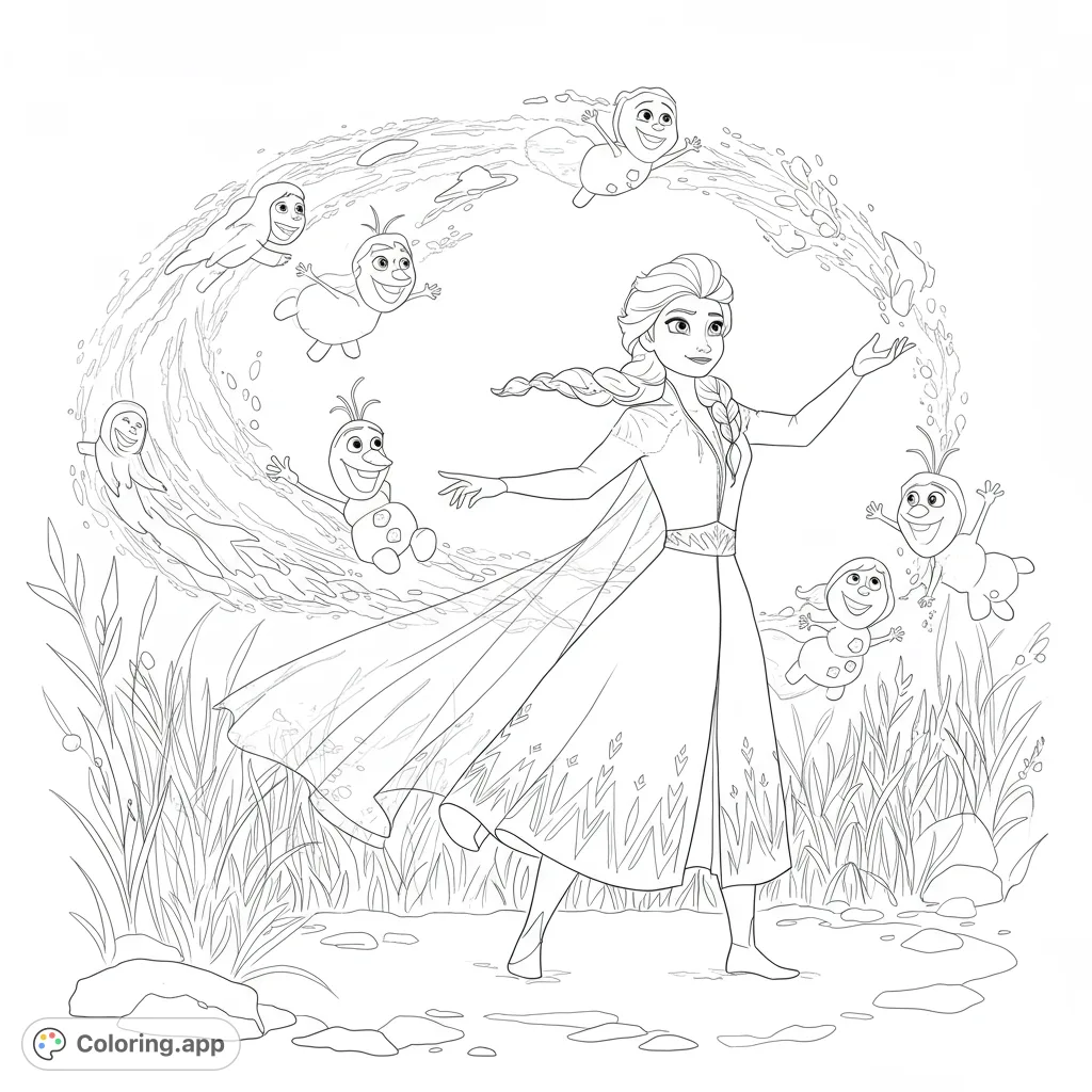 Elsa conjures a magical swirl of water and playful snow creatures in a whimsical scene, perfect for a free printable Frozen coloring page.