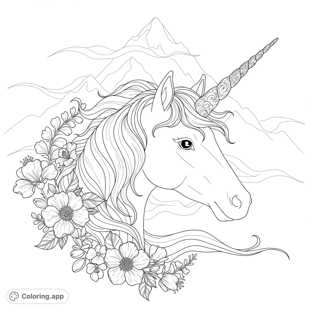 A majestic unicorn with an ornate horn and flowing mane, framed by lush flowers, set against a backdrop of mystical mountains. Perfect for fantasy lovers!