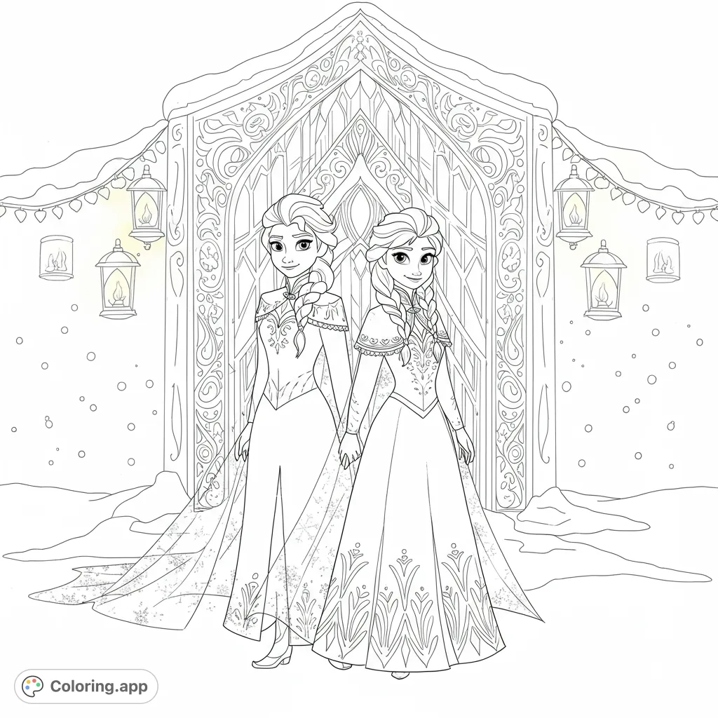 Two enchanting sisters in ornate gowns stand before a grand, snowy archway, surrounded by lanterns and falling snow. A magical winter scene.