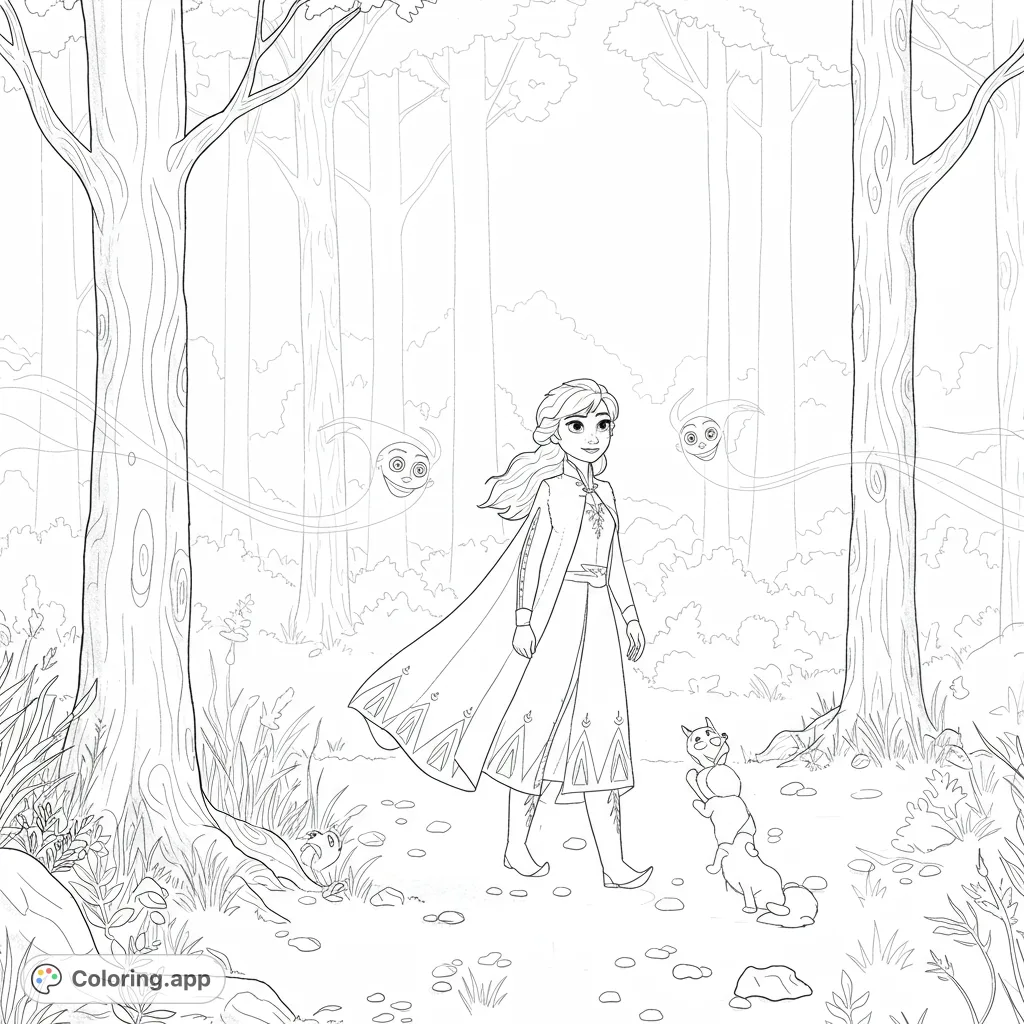 An enchanting forest adventure coloring page featuring a brave wanderer, playful elemental spirits, and curious forest creatures amidst towering trees.