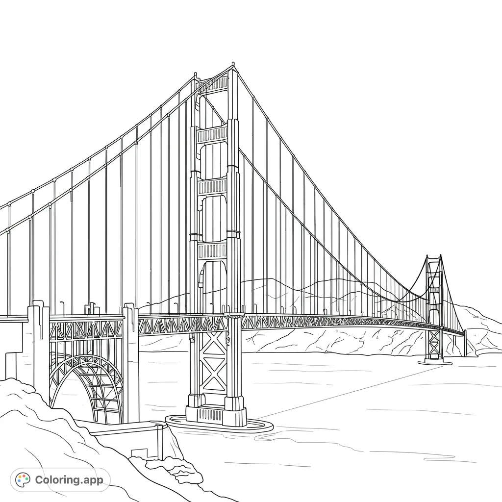 Detailed Golden Gate Bridge coloring page, featuring its iconic towers, cables, and scenic bay view. Free printable architectural landmark.