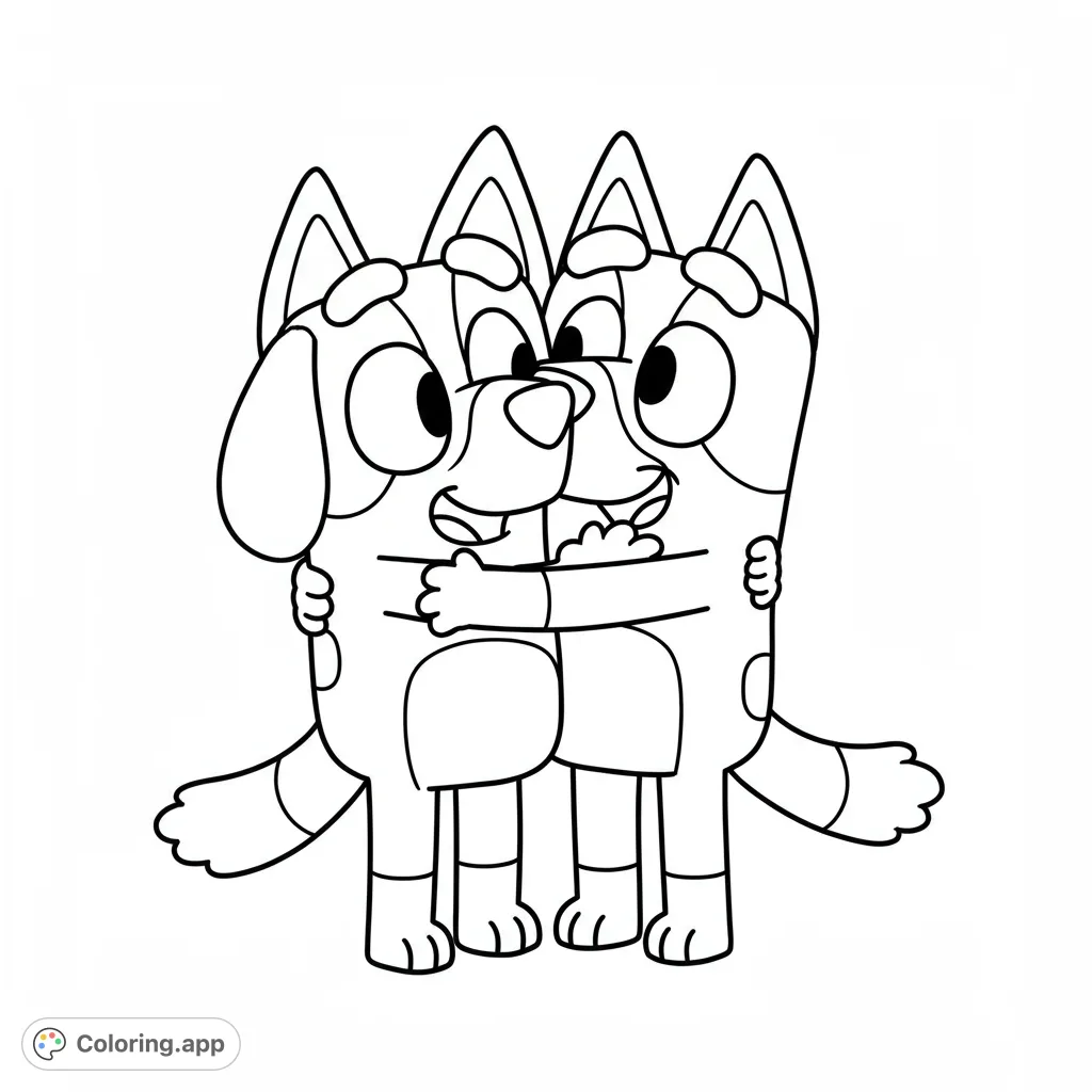 A heartwarming cartoon dog coloring page featuring two adorable friends sharing a joyful hug. Perfect for kids and fans of cute animal characters.