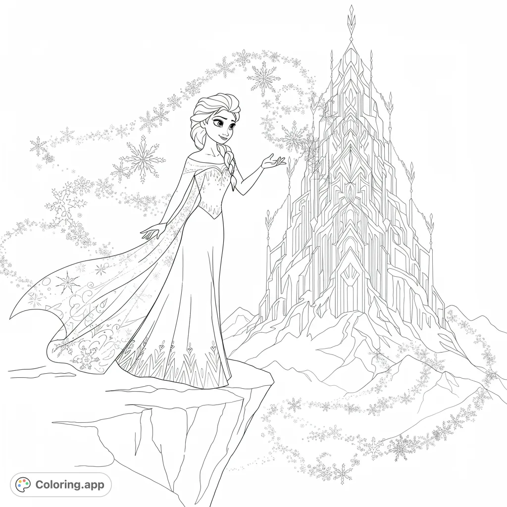 A majestic ice queen conjures snowflakes beside her grand crystal palace on a snowy cliff. A magical winter fantasy scene for coloring.