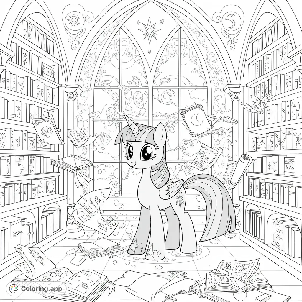 A magical unicorn pony in an enchanted library, surrounded by floating books and scrolls, perfect for a whimsical coloring adventure.