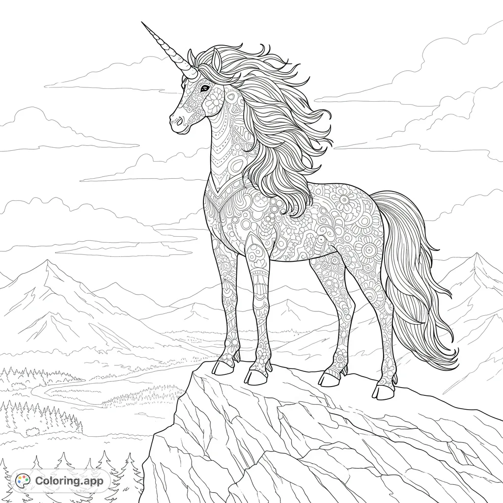 Color a majestic unicorn adorned with intricate patterns, standing proudly on a mountain peak overlooking a scenic landscape. A magical free printable coloring page.