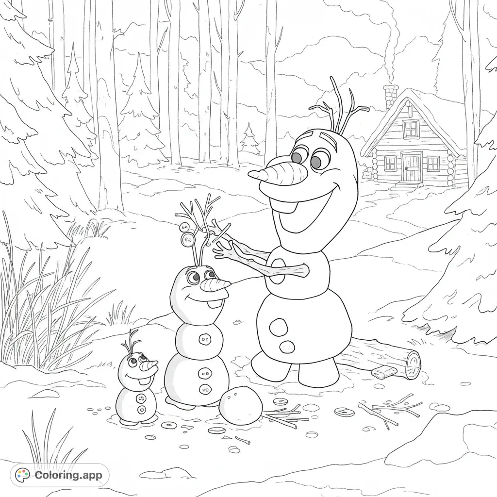 A delightful winter wonderland coloring page featuring Olaf building snowmen in a snowy forest with a cozy cabin. Perfect for festive fun!