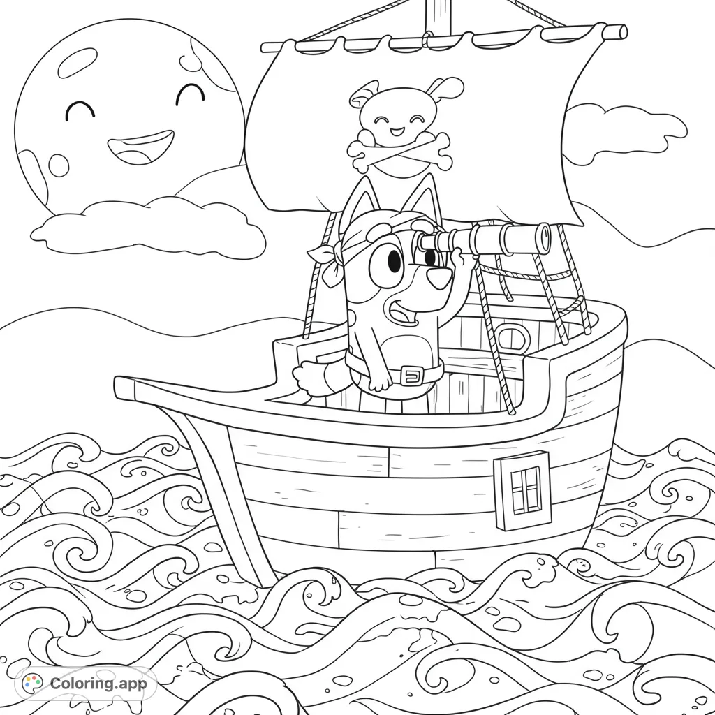 Embark on a pirate adventure with a cheerful dog on a ship, sailing wavy seas under a smiling moon. A fun, free printable pirate coloring page!
