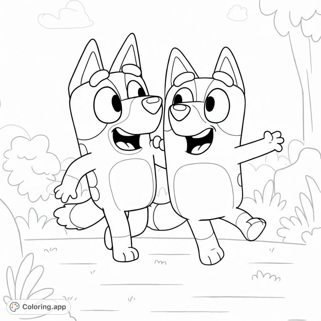 A delightful cartoon dog coloring page featuring two happy friends on an adventure. Perfect for kids and free printable fun!
