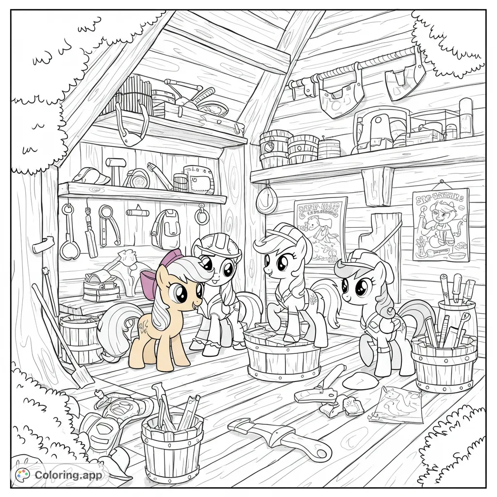 Four adorable ponies explore a detailed workshop filled with tools and wooden textures. A fun, free printable pony coloring page for kids and adults.