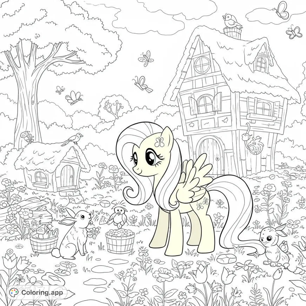 A charming pony with winged friends in a whimsical village, surrounded by flowers and cozy cottages. Perfect for a delightful, imaginative coloring adventure.