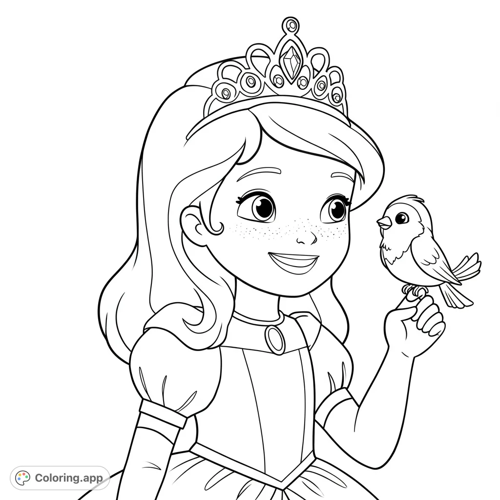 A delightful princess with a sparkling tiara and her sweet bird companion, perfect for a magical coloring adventure.