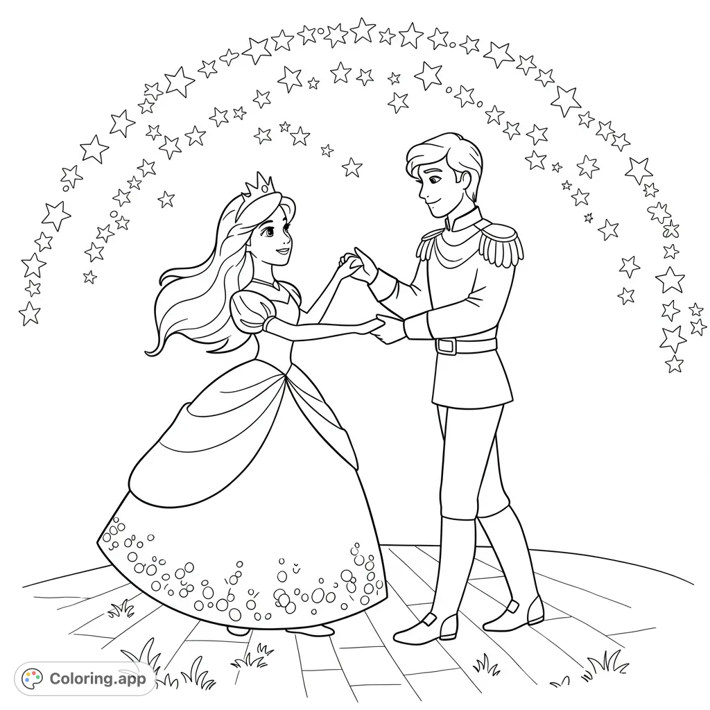 A magical princess and prince dance under a shower of stars. This enchanting fairy tale coloring page is perfect for all ages.