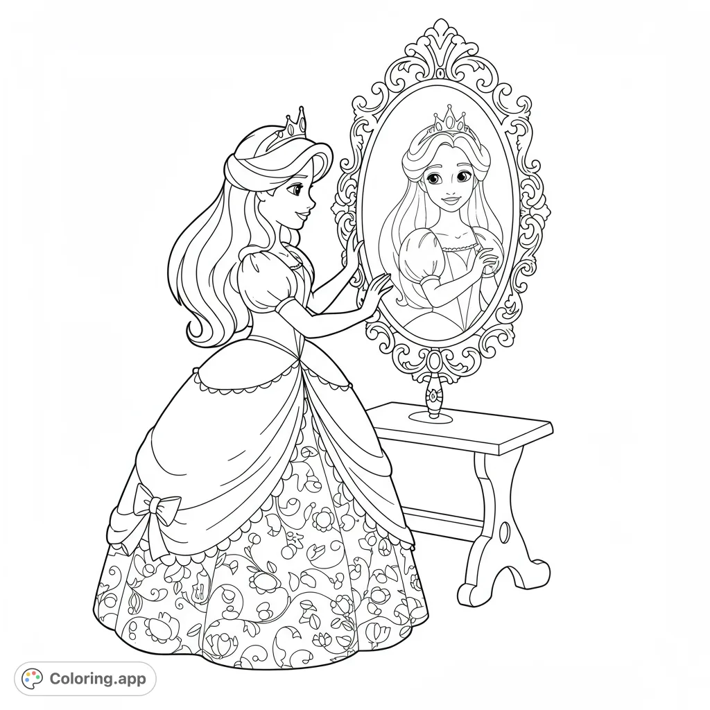 A beautiful princess in a detailed gown gazes into an ornate mirror, perfect for a magical princess coloring page adventure. Free printable coloring page.