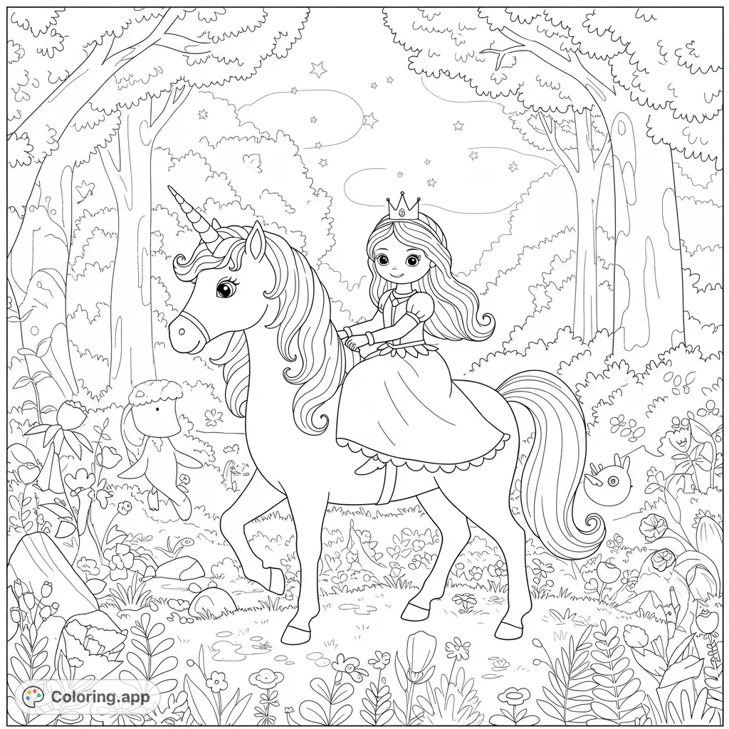 A charming princess rides her majestic unicorn through an enchanted forest filled with whimsical creatures and blooming flowers. A magical fairytale scene.