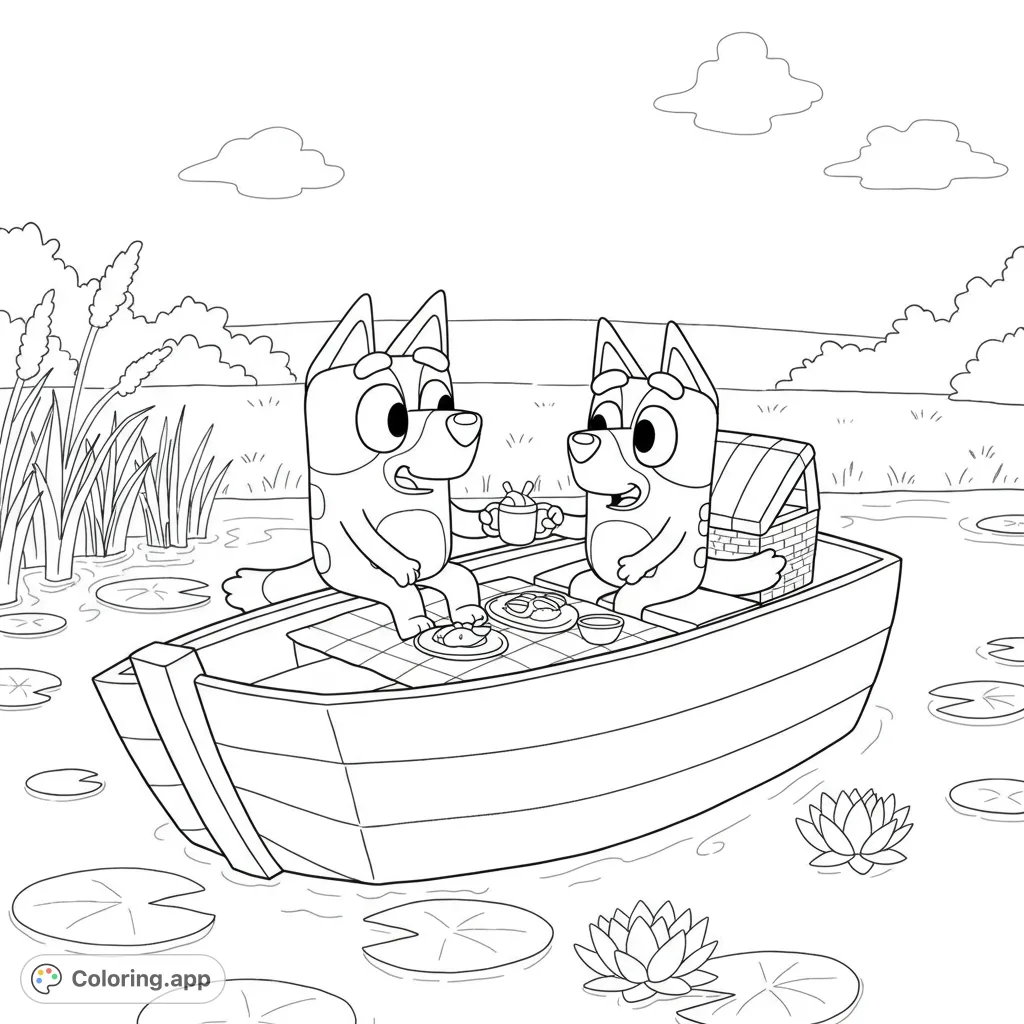 Two cheerful cartoon dogs enjoy a delightful lakeside picnic in a boat, surrounded by lily pads and nature. A charming scene for all ages.