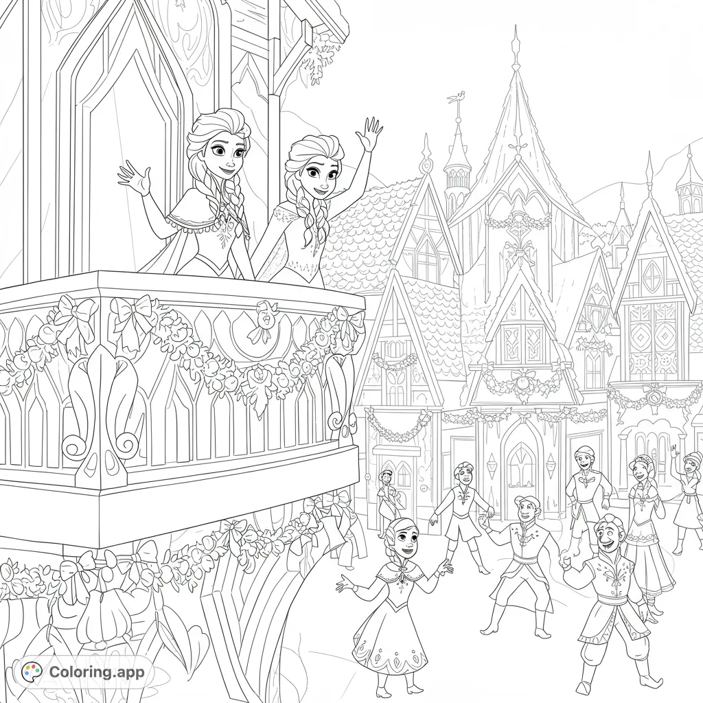 Two princesses wave from a festive balcony to a joyful crowd in a charming village. A delightful royal celebration coloring page.