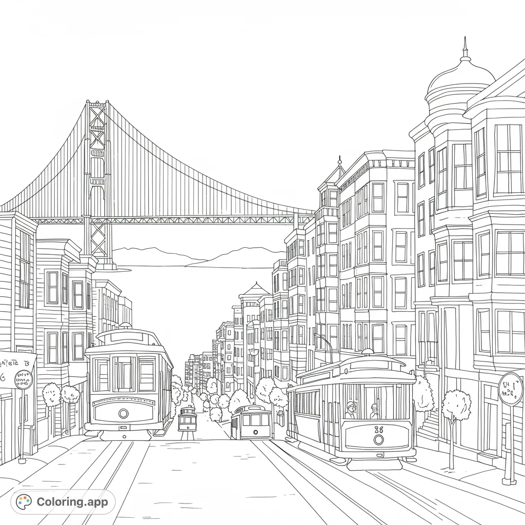 Explore a detailed San Francisco cityscape coloring page featuring iconic cable cars, historic Victorian buildings, and the majestic Golden Gate Bridge.