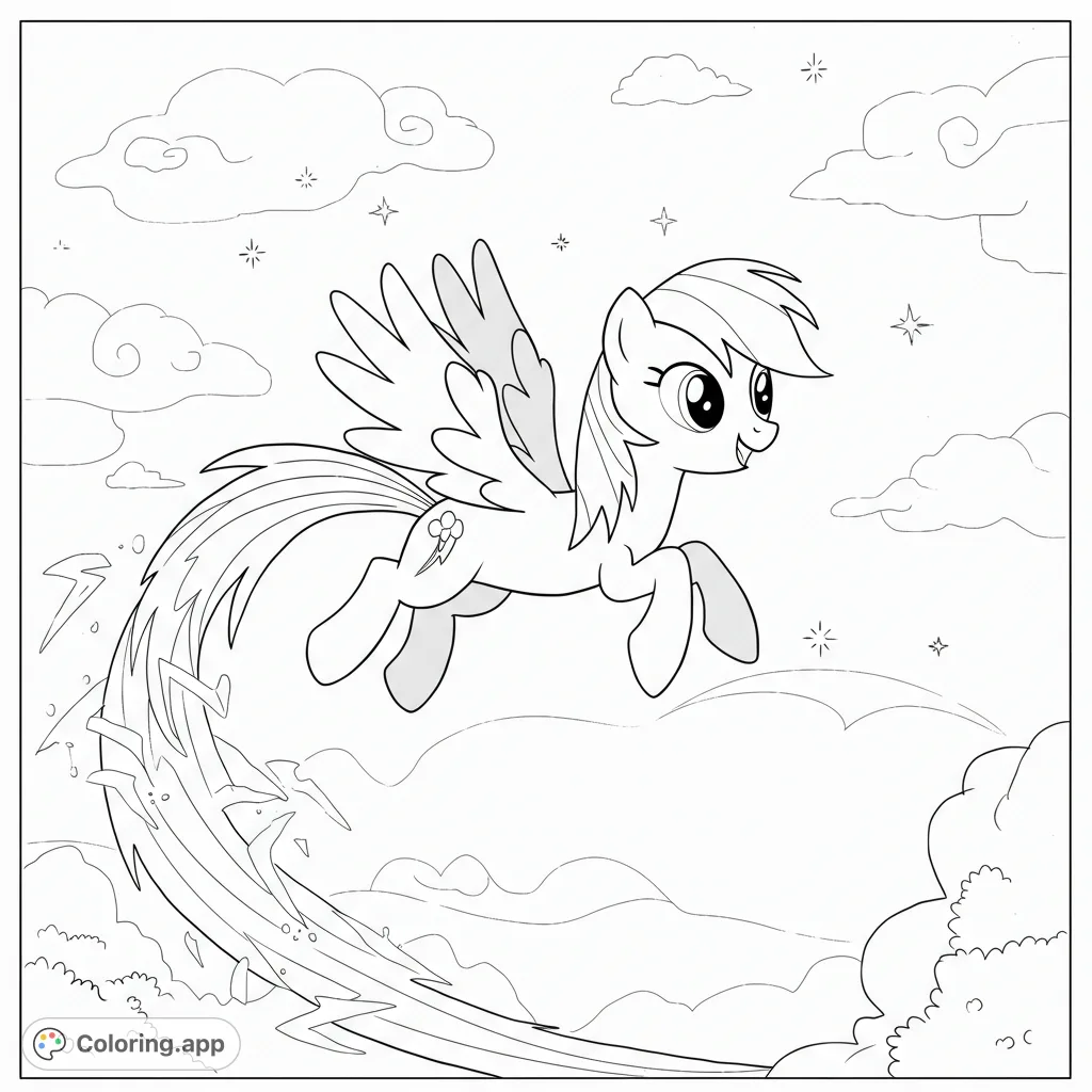 A magical winged pony soars through a starry sky, leaving a dynamic energy trail. A free printable flying pony coloring page for kids and adults.