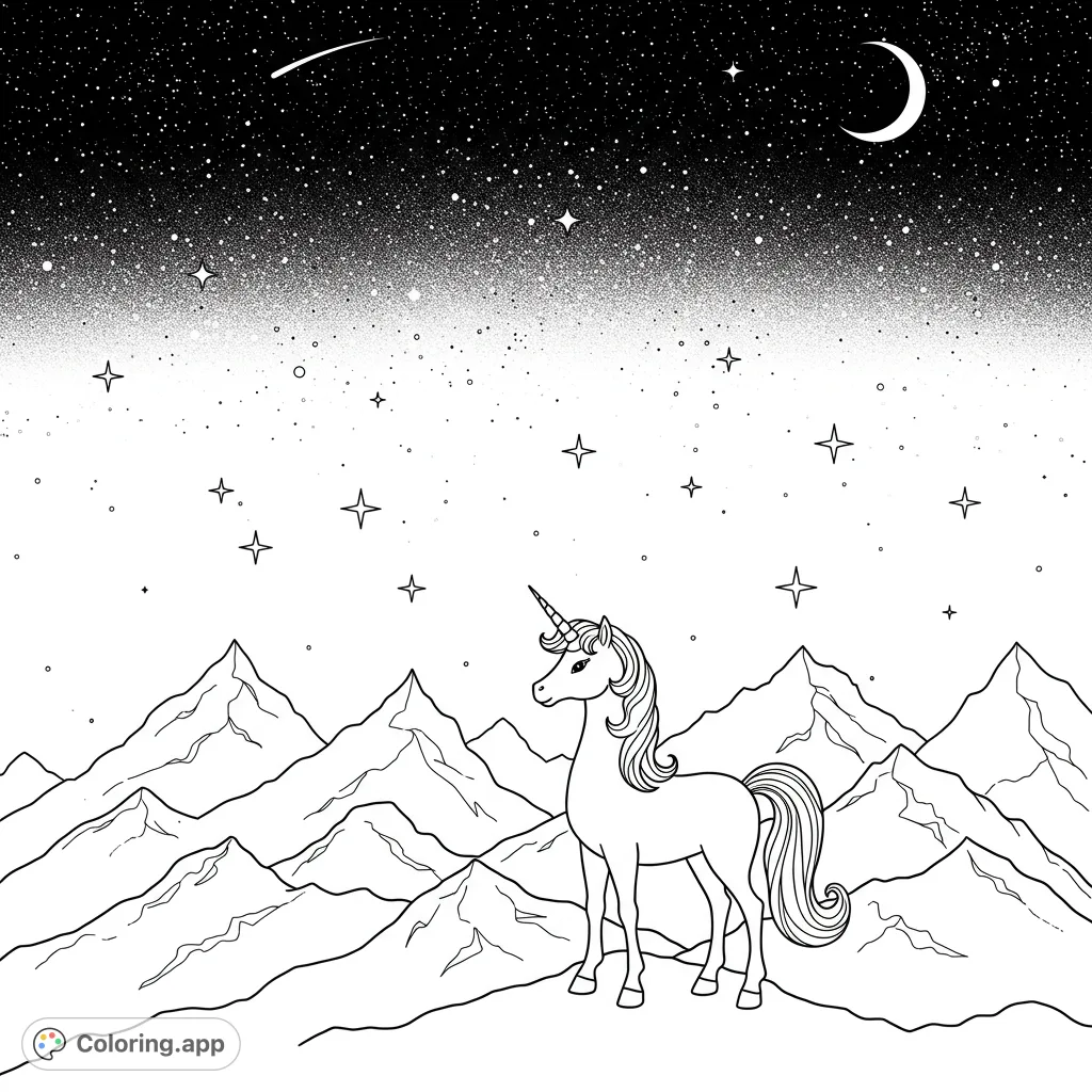 A magical unicorn stands majestically on a mountain peak under a starry night sky with a crescent moon and shooting star. Perfect for fantasy lovers!