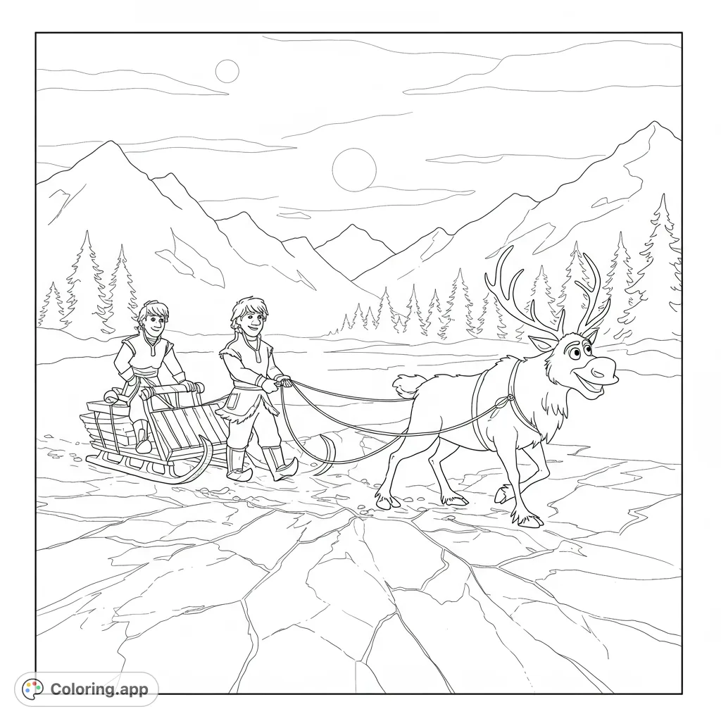Embark on a thrilling winter adventure coloring page featuring a brave explorer, a friendly reindeer, and a sleigh ride through snowy mountains.