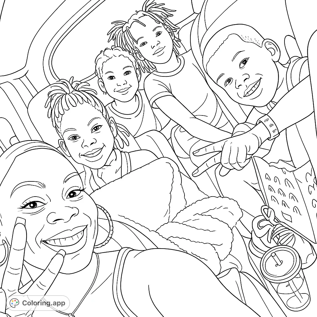 A joyful family selfie in a car, featuring an adult and four smiling children. Perfect for a fun road trip coloring adventure!